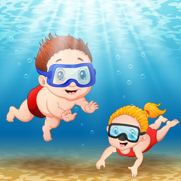 水中でダイビングする2人の子供のベクトル図