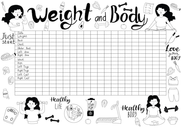 落書きイラスト付きのa4形式の体重と体の測定トラッカーのベクトルイラスト減量体重を減らすための健康的なライフスタイルの概念人々xa