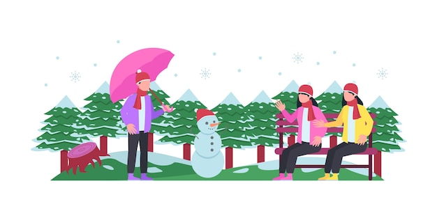 雪と2人が立っている冬の都市公園のベクトルイラスト。冬の都市公園のベンチ、フラット漫画スタイルの冬の休日のコンセプト