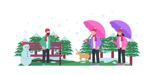 Векторная иллюстрация зимнего городского парка со снегом и двух человек стоя. скамейка в зимнем городском парке, концепция зимних праздников в плоском мультяшном стиле