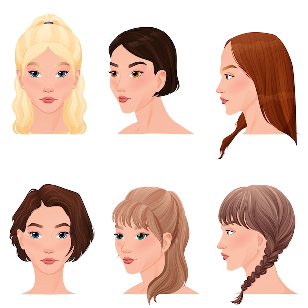 ベクトル 女性の様々なヘアスタイルのベクトルイラスト スタイリッシュな近代的な女性のヘアカット 長い短いh