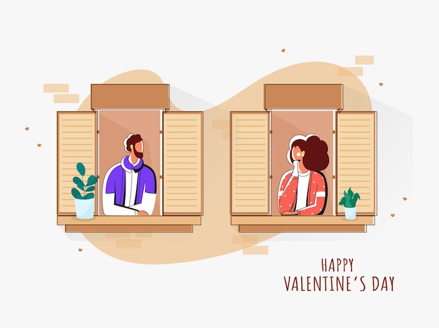 Векторная иллюстрация молодой пары, глядя друг на друга из окна для концепции днем святого валентина.