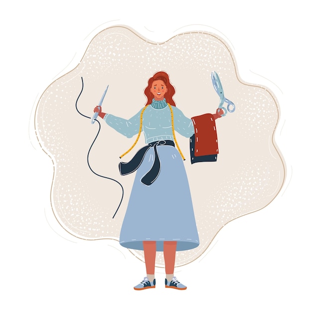 Вектор Векторная иллюстрация молодой модельерки, швейной женщины, использующей иглу для шитья