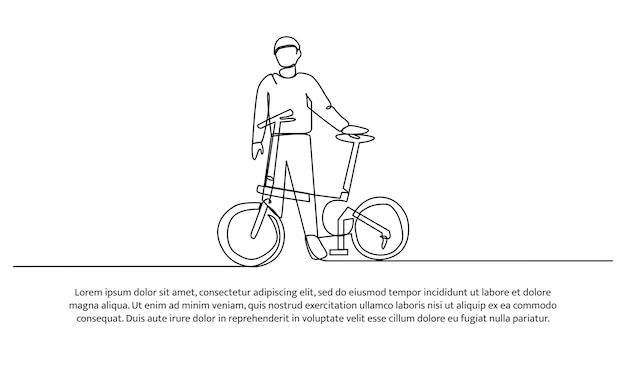 Векторная иллюстрация молодого человека, стоящего с велосипедом.