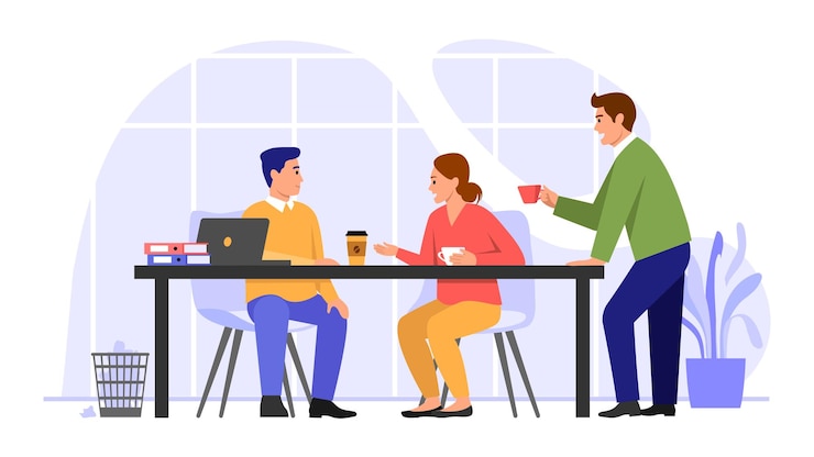 Vector vector illustration of office workers cartoon scene of men and women in the office on a break sitting at a table with a laptop folders talking and drinking coffee isolated on a white background