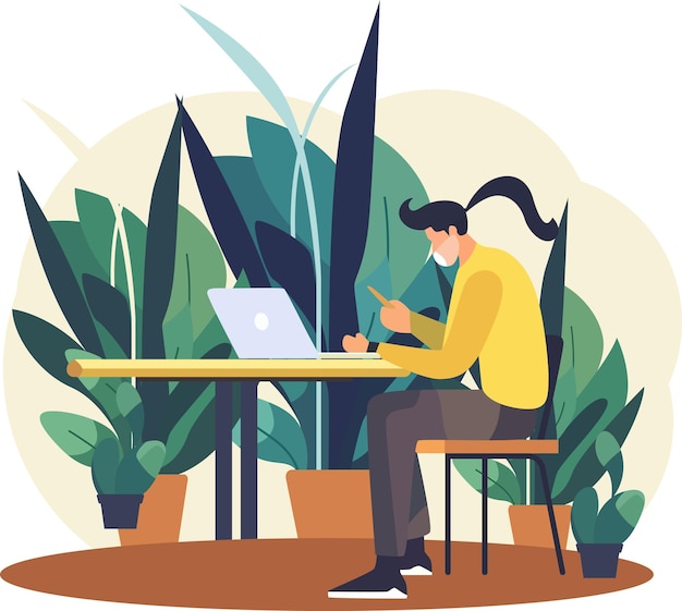 Vector vector illustration of office workers sitting at desks in flat design style