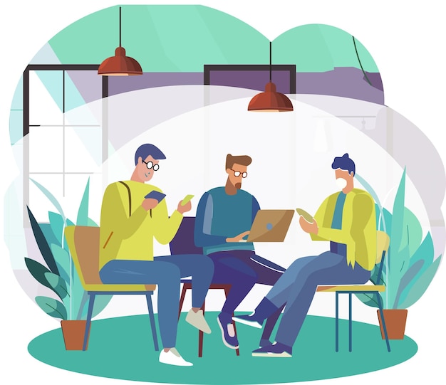 Vector vector illustration of office workers sitting at desks in flat design style