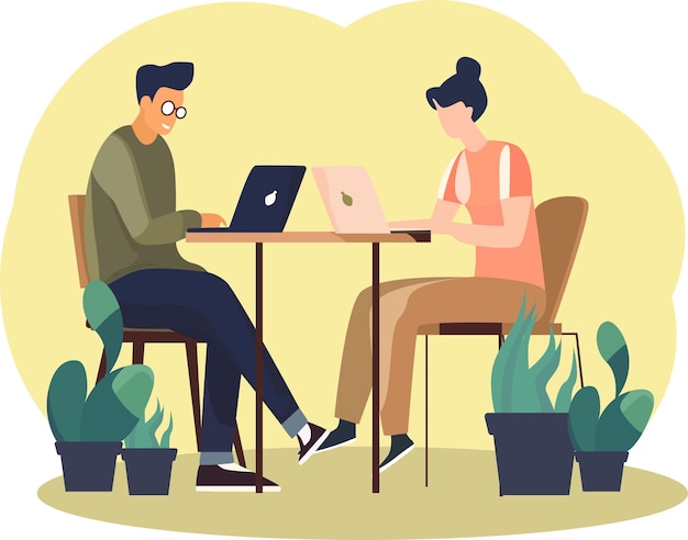 Vector vector illustration of office workers sitting at desks in flat design style