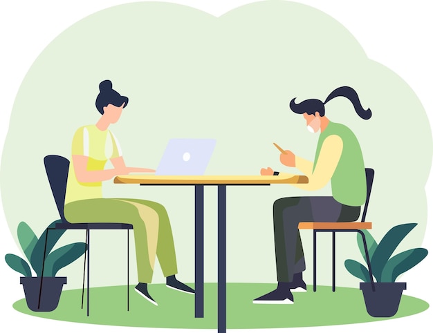 Vector illustration of office workers sitting at desks in flat design style