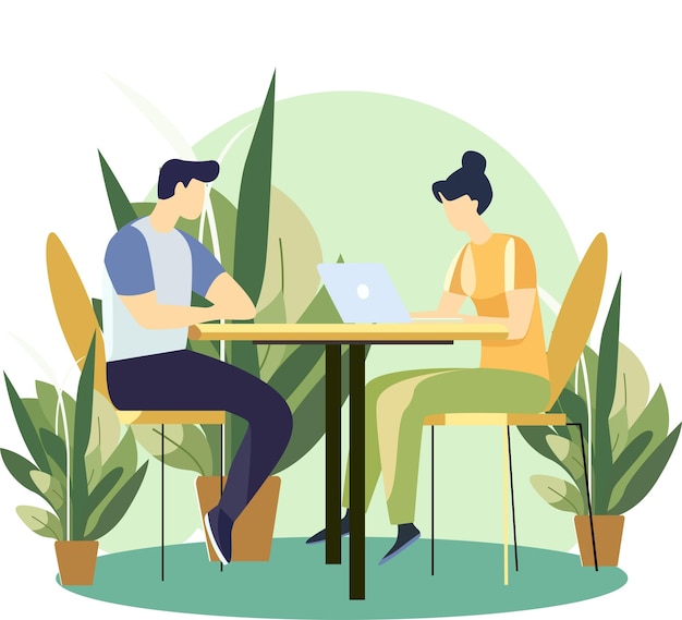 Vector vector illustration of office workers sitting at desks in flat design style