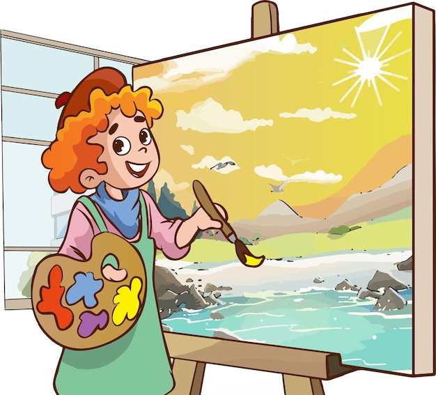 Vettore illustrazione vettoriale di pittura ad olio artista bambini