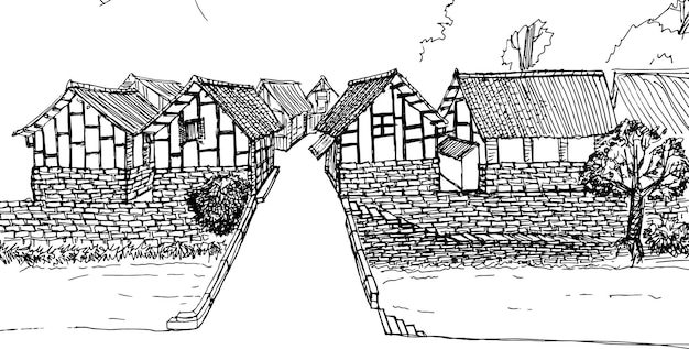 Векторная иллюстрация старого моста и старых деревянных домов.