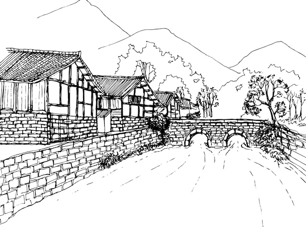 Vector illustration of old bridge and old wooden houses.