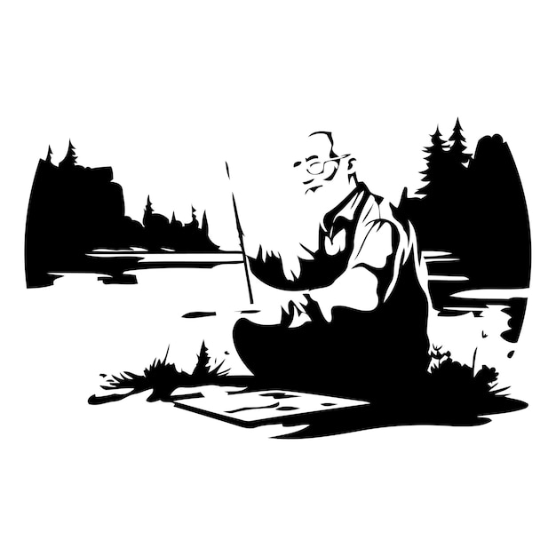 Vector vector illustration of an old man sitting on the bank of a lake and painting