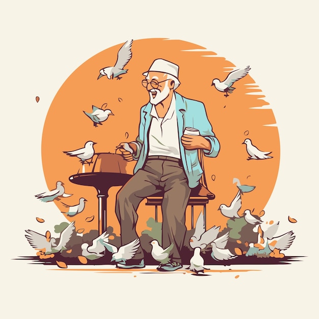 Vector illustration of old man with coffee cup and pigeons on the background