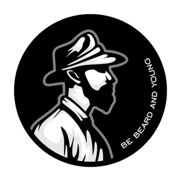 Vector vector illustration of old man with thick beard and wearing bucket hat in silhouette badge logo.