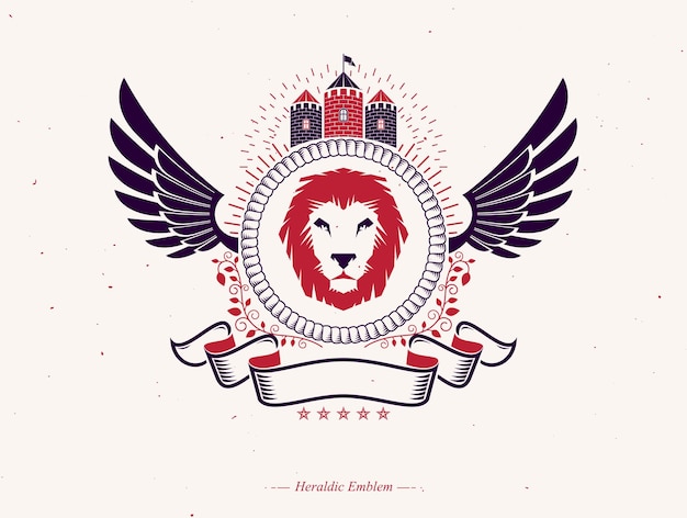 Vector illustration of old style heraldic emblem made with wild lion illustration and medieval tower