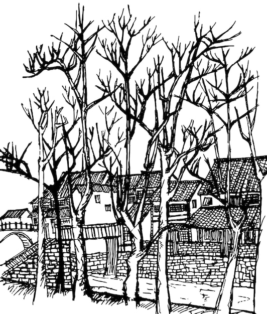 vector illustration of old town with river and bridge.