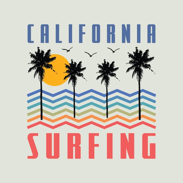 서핑과 서핑 빈티지 디자인 캘리포니아 스텀프 타이포그래피를 주제로 한 벡터 일러스트레이션