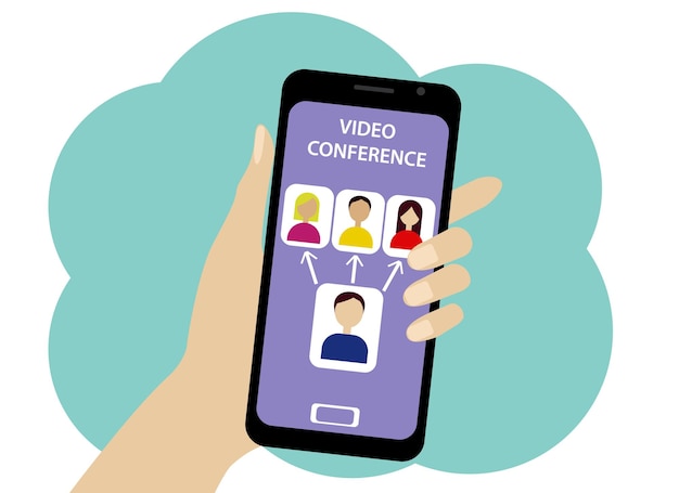 Vector illustration of an online conference by phone. People and operator icons