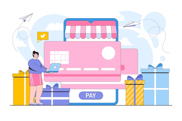 Vector illustration of online shopping credit card payment and gift card with people characters