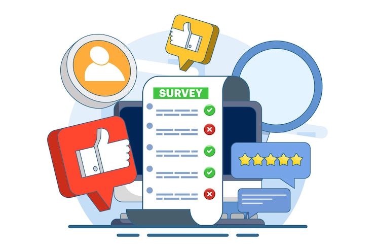 Vector vector illustration of online survey concept with customer survey form filling