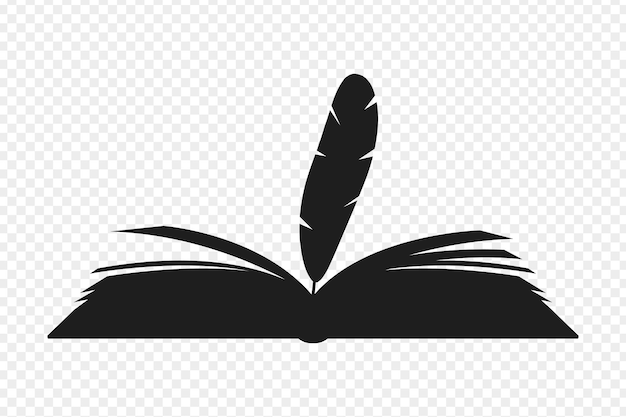 透明背景上有羽毛筆 siluet 的開放書的向量插圖