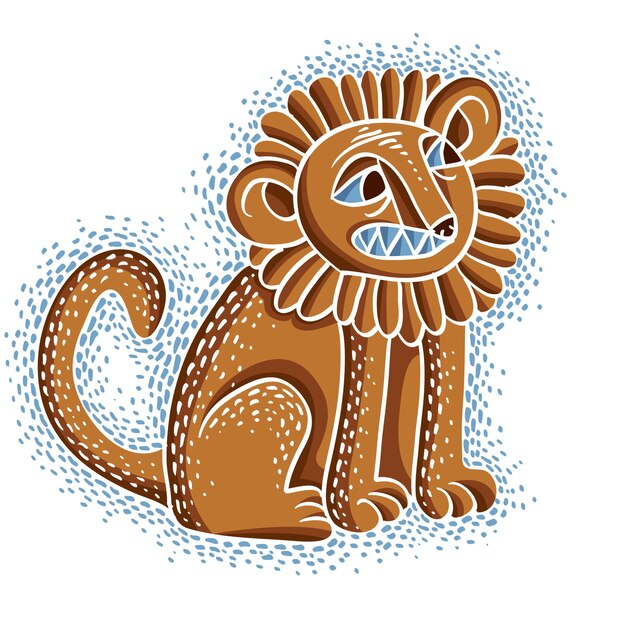 Vector illustration of orange sitting lion with teeth and beautiful mane, emotional expression of wild animal. Mascot symbol, graphic design.