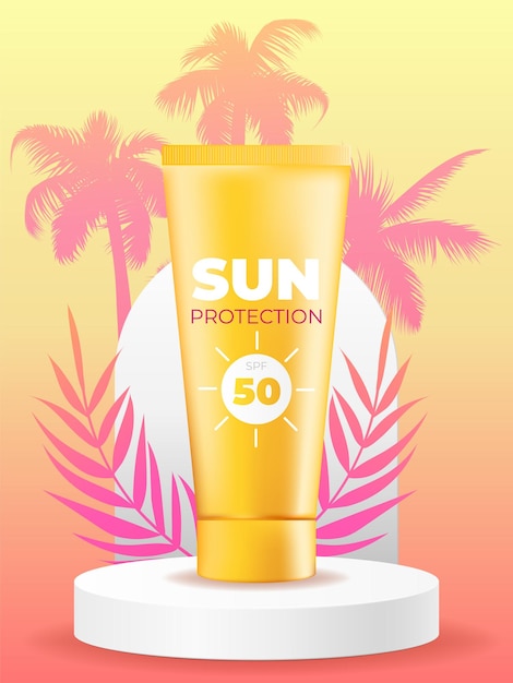 a vector illustration of an orange sunset over a tropical beach with a palm tree and a sunscreen tub
