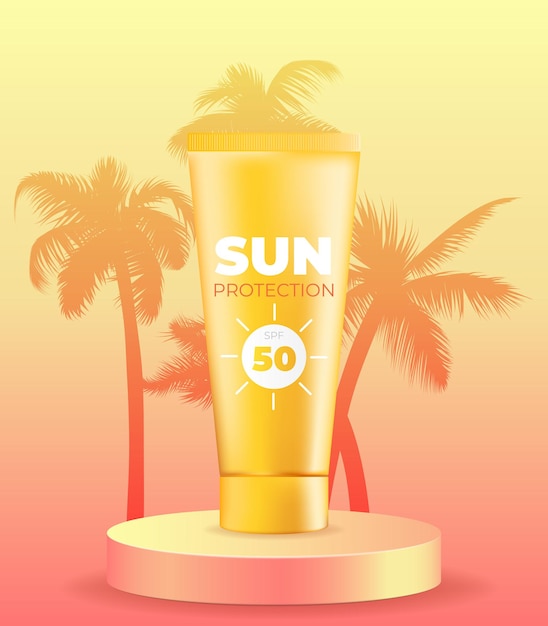 a vector illustration of an orange sunset over a tropical beach with a palm tree and a sunscreen