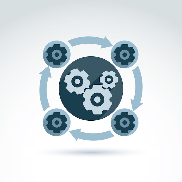 Illustrazione vettoriale di un sistema organizzativo, concetto di linea di produzione. ruote dentate e ingranaggi disposti in cerchio, icona di servizio. tema del processo aziendale e di produzione.