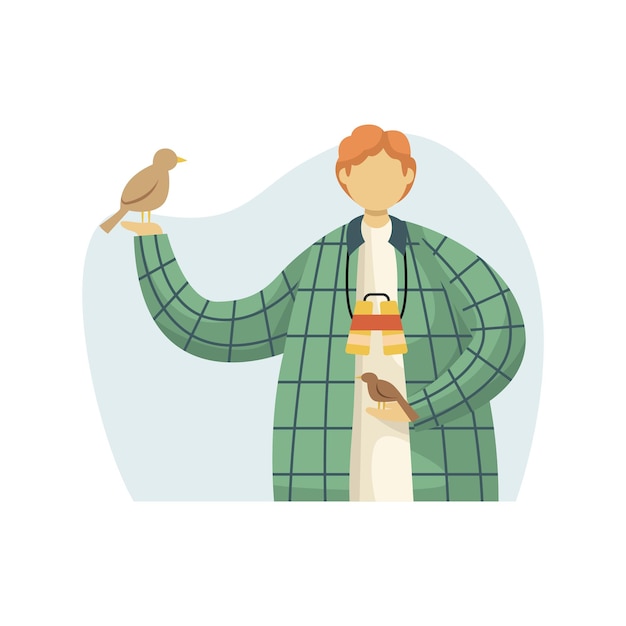 Vector illustration of an ornithologist with birds in his hands and binoculars around his neck Profession Flat style