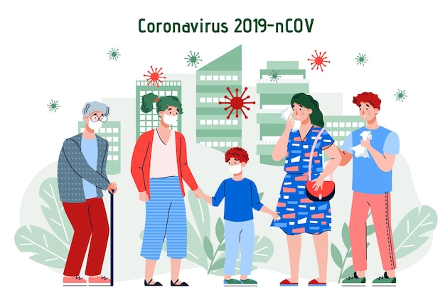 Vettore illustrazione vettoriale di un focolaio o epidemia di infezione da coronavirus in città