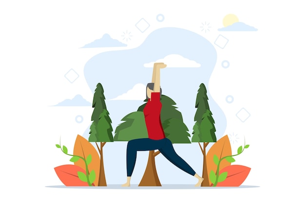 Vector illustration of outdoor fitness concept with woman doing yoga in park