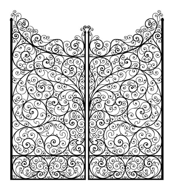 Vector illustration of outline detailed wrought iron gate, isolated on white background.