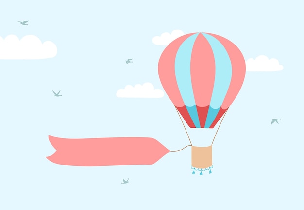 Vector illustration of outline hot air balloon on sky. Isolated hand drawn icon