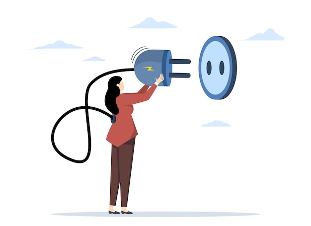 Vettore illustrazione vettoriale di donna oberati di lavoro collegare l'elettricità per ricaricare il ripristino dell'energia