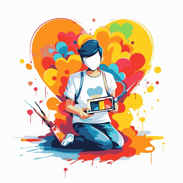 Vector vector illustration of a painter sitting on the ground and holding paintbrushes