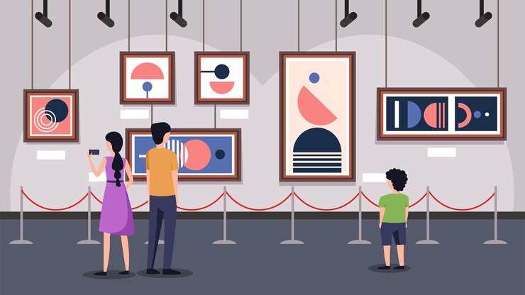 Vector vector illustration of painting exhibitions cartoon illustration of people who came to see works of futuristic art