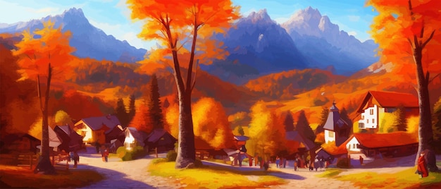 ベクトル イラスト絵画スタイル秋の風景村中秋の紅葉の山に対して