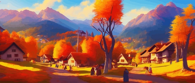 Vector illustration painting style autumn landscape village in middle fall foliage against mountains