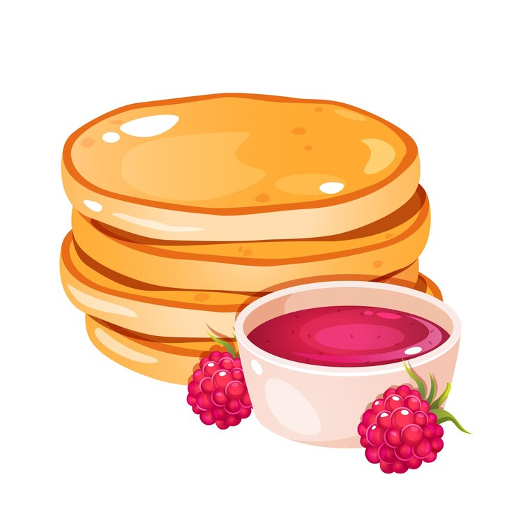 Vector vector illustration of pancake stack with raspberry jam and whole berries