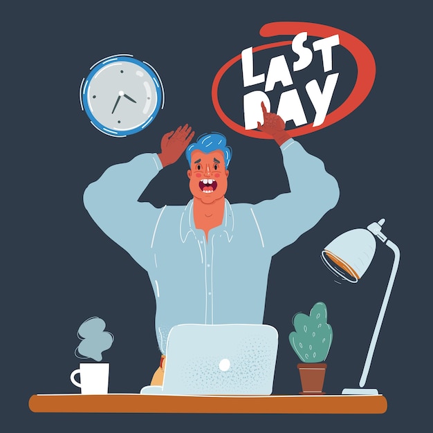 Vector illustration of panicked man at working face at night end of working day Calendar date last day month deadline on dark background