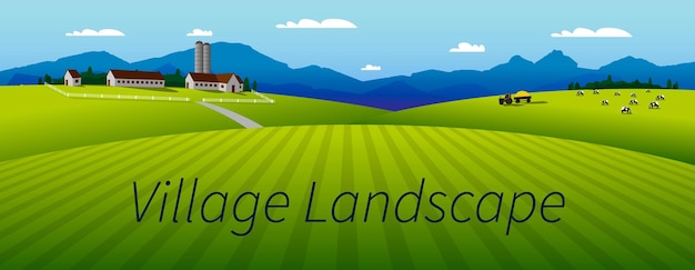 Vector illustration of a panorama of a beautiful landscape or valley of summer fields, green hills, high mountains, bright blue sky. Village. Farm, tractor, cows. Background for agricultural products.