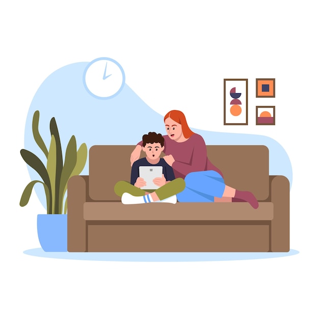 Vector illustration of parents support Cartoon scene with son and mother who are sitting on the couch and choosing something on the tablet on white background