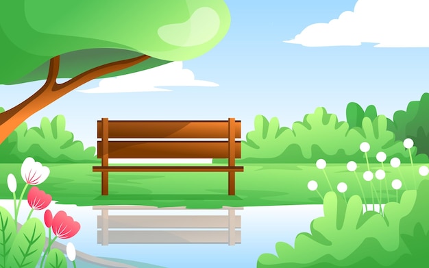 Vettore illustrazione vettoriale di un paesaggio parco o giardino con erba verde e alberi