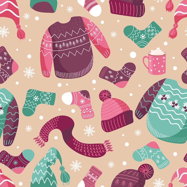 Vector illustration patterns winter warm clothes hats socks ugly christmas sweater scarf cocoa