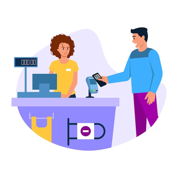 Vector illustration of payment system cartoon scene with a girl cashier and boy who pays for purchases through the phone on white background