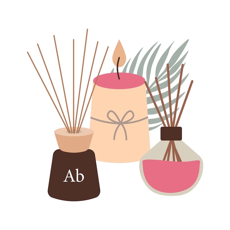 Vector vector illustration of a peaceful meditation setup aroma oils candle aromatic diffusers tropical