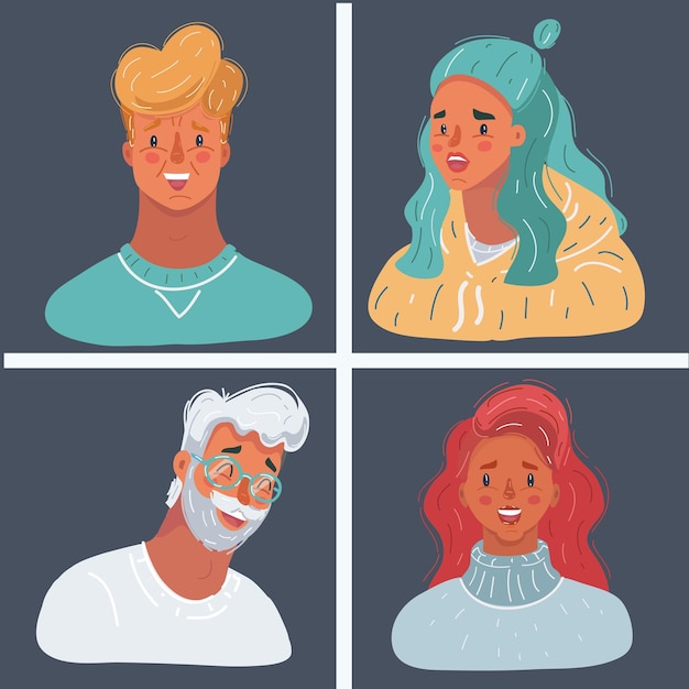 Vector vector illustration of people face collection on dark background famale and male avatar man and woman